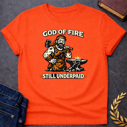 hephaestus god of fire still underpaid greek mythology youth t shirt featuring blacksmith hammer, forge sparks, fire god symbolism in industrial mythology design