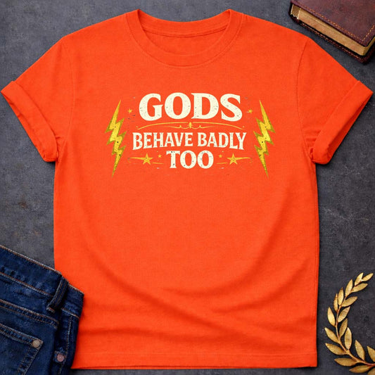 zeus gods behave badly too greek mythology youth t shirt featuring lightning bolt, sky god power symbolism in bold Greek mythology design