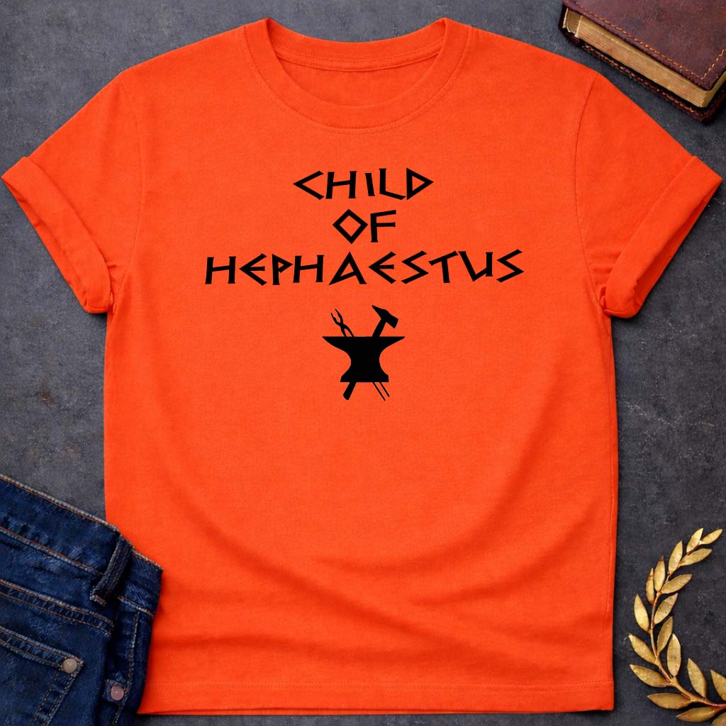 child of hephaestus greek mythology unisex softstyle adult t shirt featuring blacksmith hammer, forge sparks, fire god symbolism in industrial mythology design