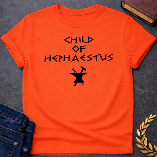 child of hephaestus greek mythology unisex softstyle adult t shirt featuring blacksmith hammer, forge sparks, fire god symbolism in industrial mythology design