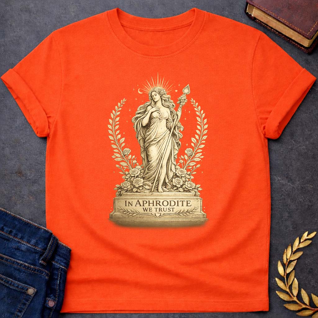 In Aphrodite We Trust Greek Mythology Youth T-Shirt featuring detailed Greek mythology artwork, symbolic design, and bold graphic style