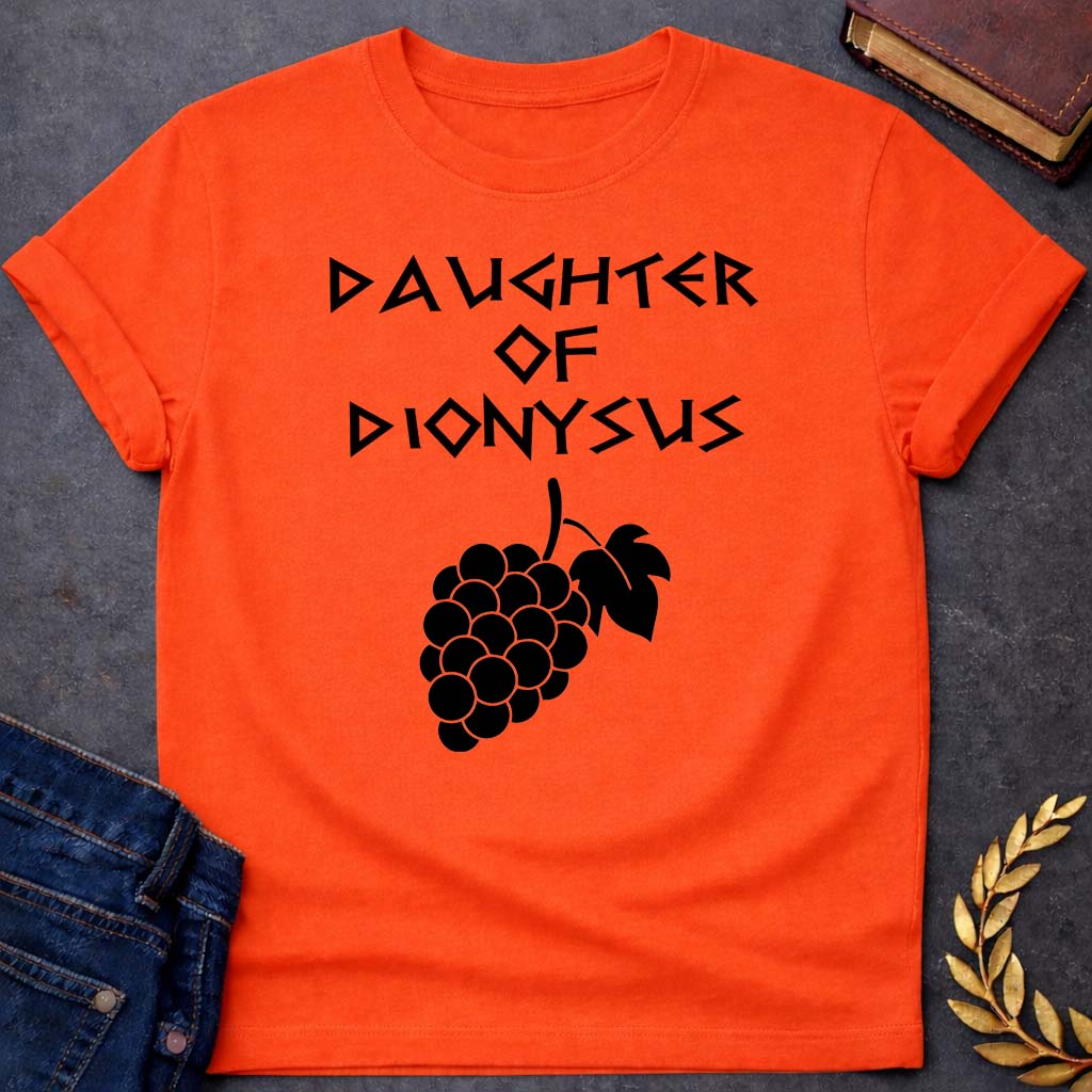 daughter of dionysus unisex softstyle adult t shirt featuring detailed Greek mythology artwork, symbolic design, and bold graphic style