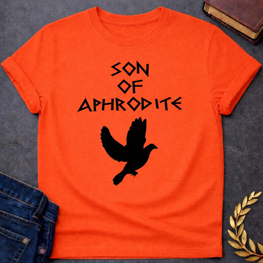 son of aphrodite greek mythology unisex softstyle adult t shirt featuring detailed Greek mythology artwork, symbolic design, and bold graphic style
