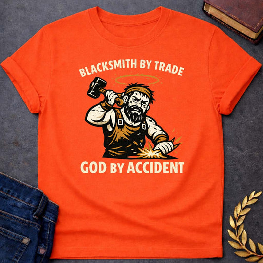 hephaestus blacksmith by trade god by accident greek mythology youth t shirt 1 featuring blacksmith hammer, forge sparks, fire god symbolism in industrial mythology design