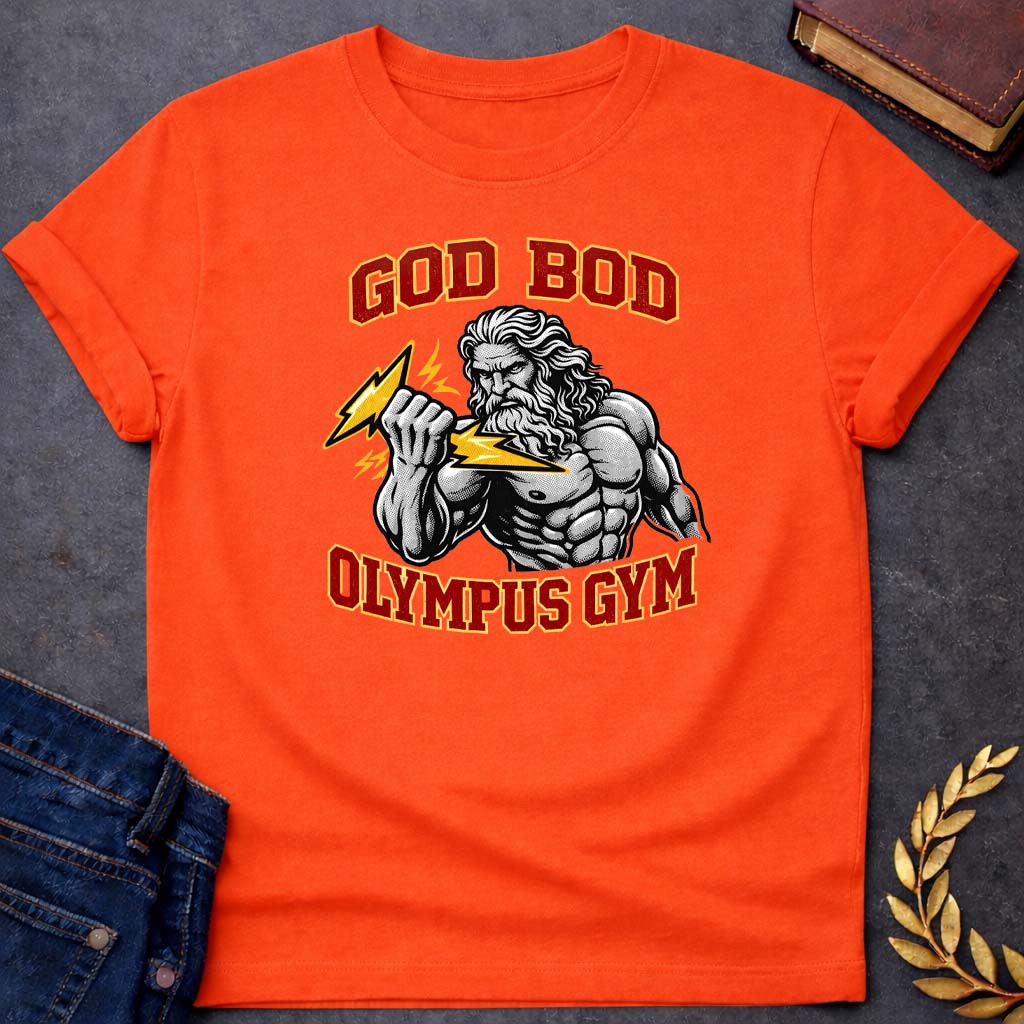 zeus god bod olympus gym greek mythology youth t shirt featuring lightning bolt, sky god power symbolism in bold Greek mythology design