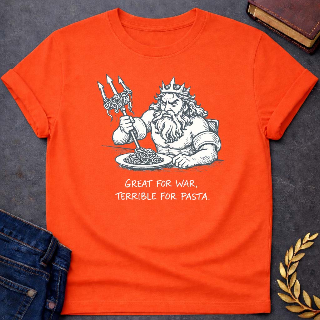 poseidon great for war terrible for pasta club greek mythology youth t shirt featuring trident, ocean waves, sea god symbolism in Greek mythology design