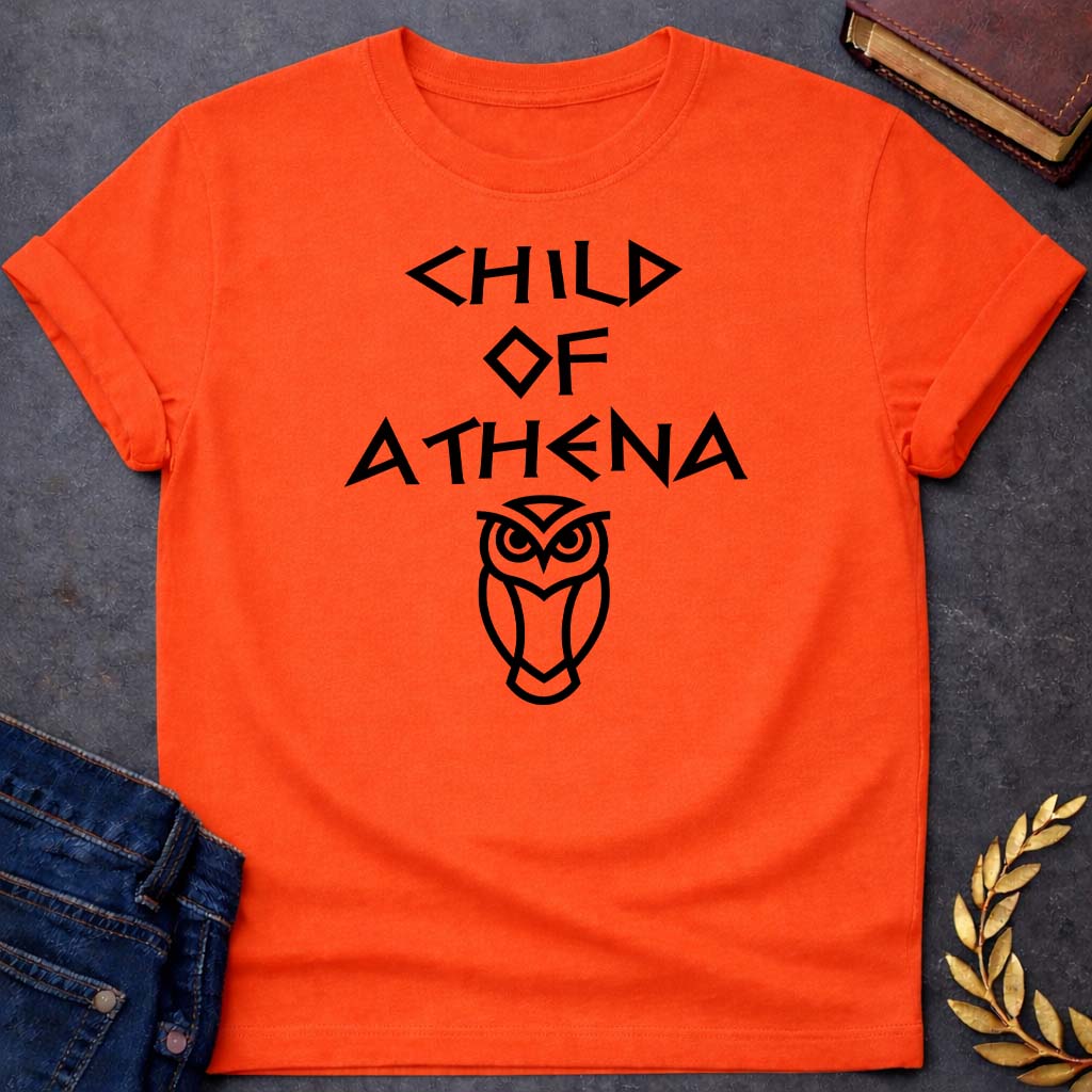 child of athena greek mythology unisex softstyle adult t shirt featuring owl, laurel wreath, wisdom symbolism in vintage Greek mythology design