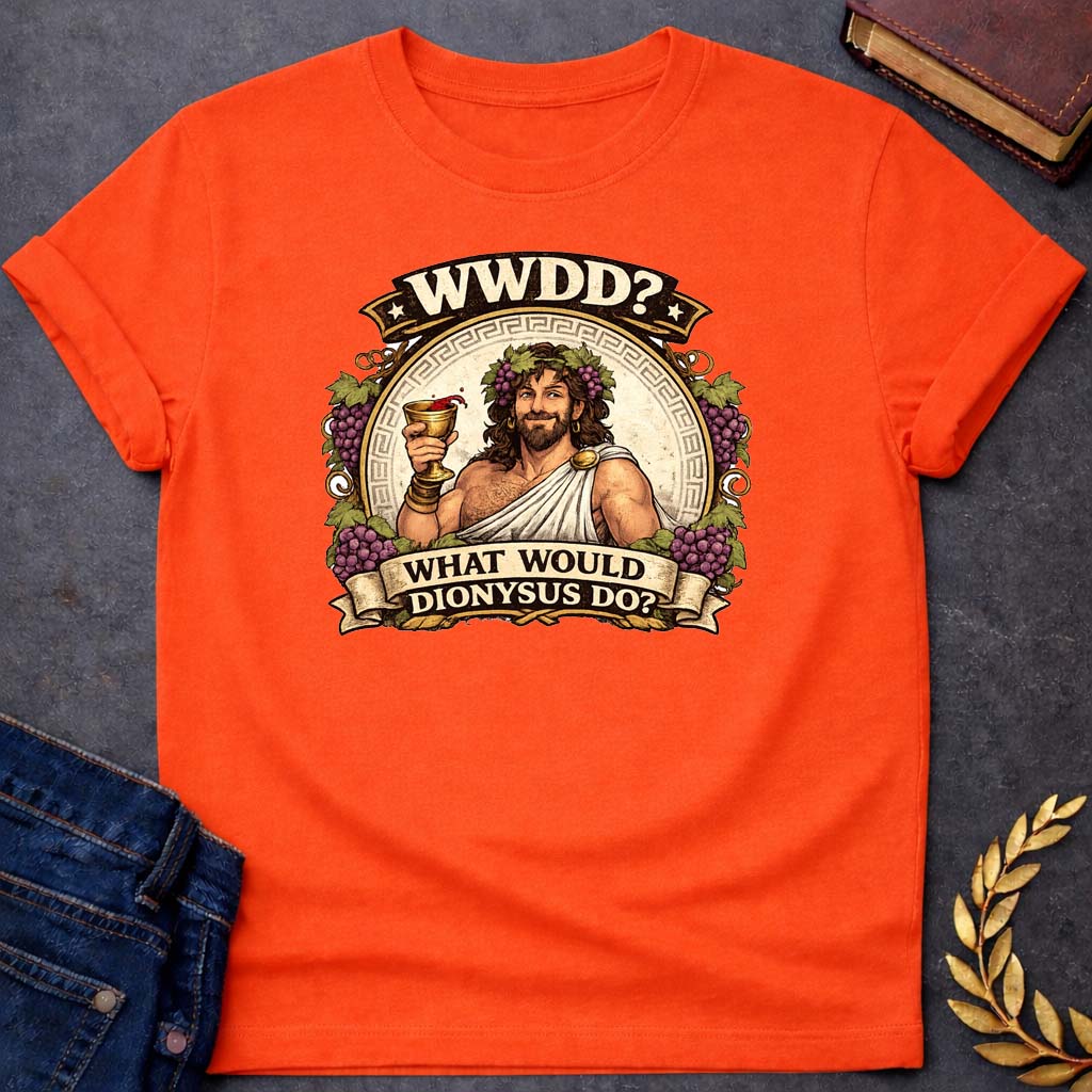 dionysus what would dionysus do greek mythology adult t shirt featuring detailed Greek mythology artwork, symbolic design, and bold graphic style