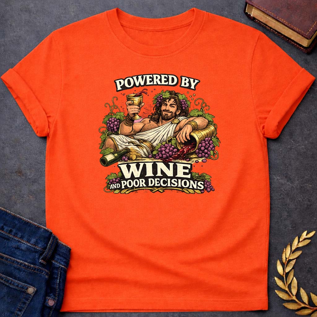 dionysus powered by wine and poor decisions greek mythology adult t shirt featuring detailed Greek mythology artwork, symbolic design, and bold graphic style
