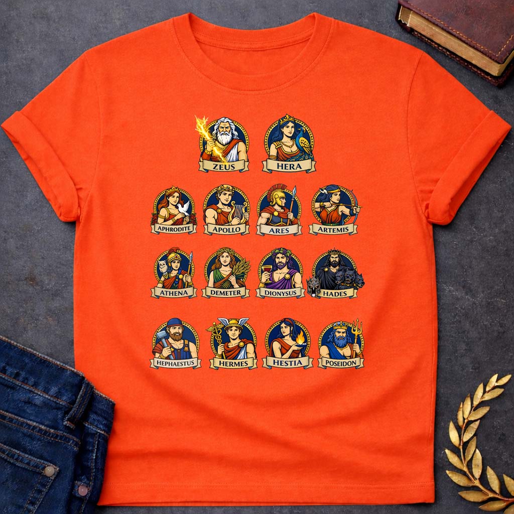 the olympians portraits greek mythology adult t shirt featuring detailed Greek mythology artwork, symbolic design, and bold graphic style