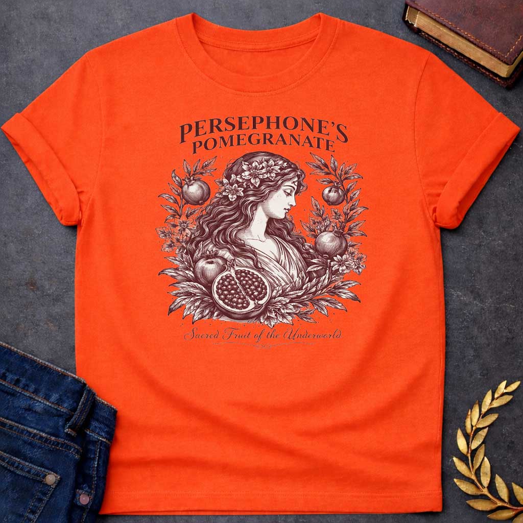persephone pomegranate sacred fruit of the underworld greek mythology youth shirt featuring pomegranate, underworld queen symbolism in dark floral mythology design