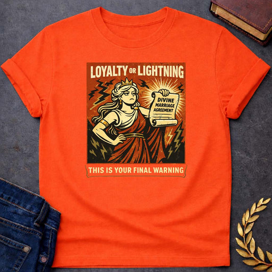 hera loyalty or lightning greek mythology adult t shirt featuring detailed Greek mythology artwork, symbolic design, and bold graphic style