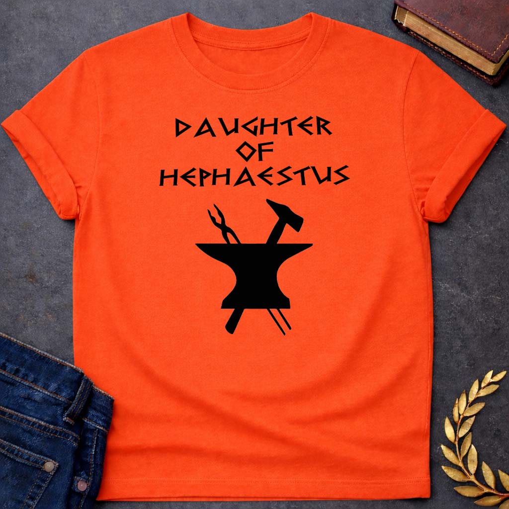 daughter of hephaestus unisex softstyle adult t shirt featuring blacksmith hammer, forge sparks, fire god symbolism in industrial mythology design