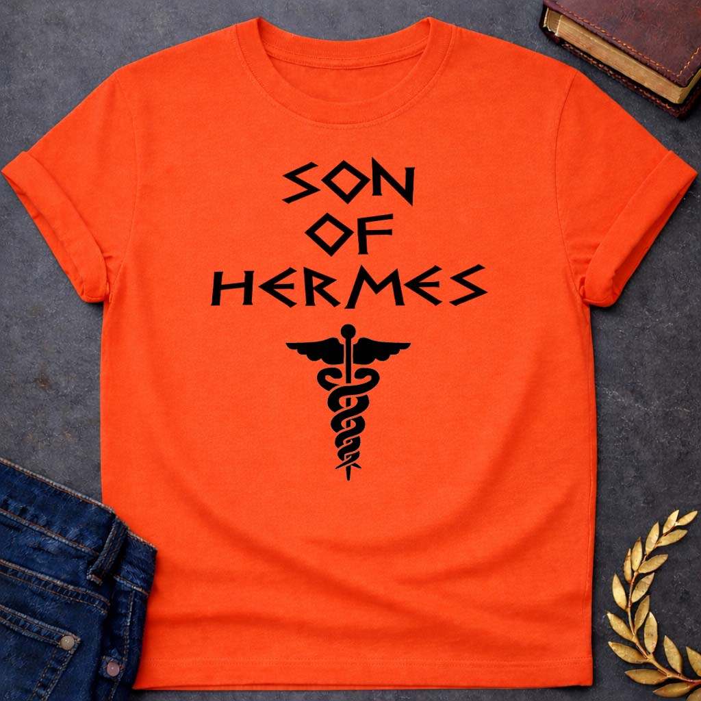 son of hermes greek mythology unisex softstyle adult t shirt featuring detailed Greek mythology artwork, symbolic design, and bold graphic style