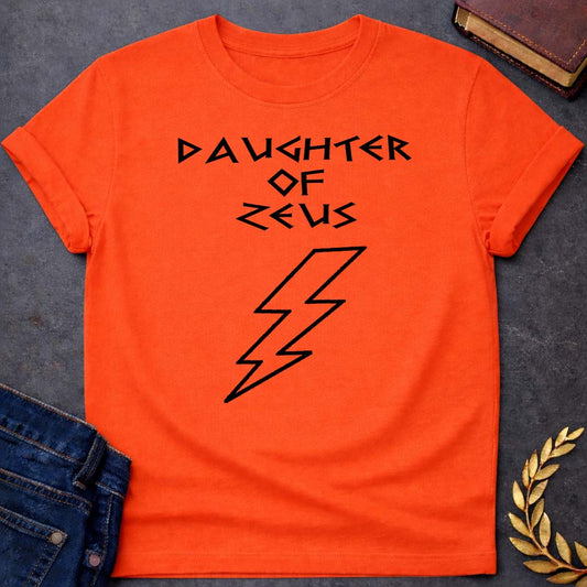daughter of zeus unisex softstyle adult t shirt featuring lightning bolt, sky god power symbolism in bold Greek mythology design