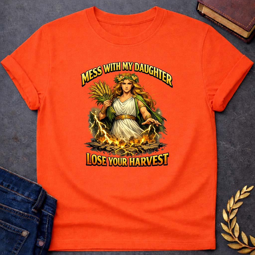 Demeter Mess With My Daughter Greek Mythology Youth T-Shirt featuring detailed Greek mythology artwork, symbolic design, and bold graphic style