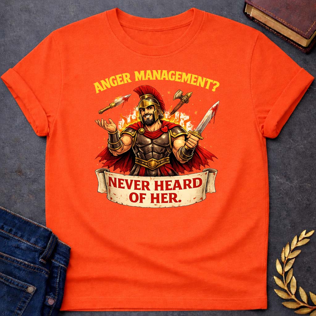 Ares Anger Management Never Heard of Her Greek Mythology Youth T-Shirt featuring warrior armor, battle symbolism, god of war Greek mythology design