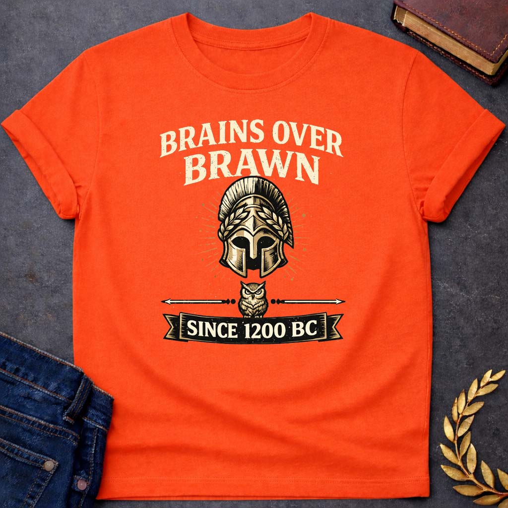 athena brains over brawn greek mythology adult t shirt featuring owl, laurel wreath, wisdom symbolism in vintage Greek mythology design