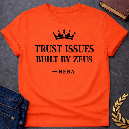 hera trust issues built by zeus greek mythology youth t shirt featuring lightning bolt, sky god power symbolism in bold Greek mythology design