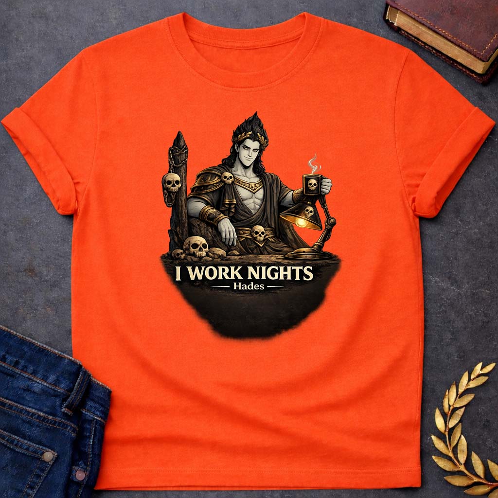 hades i work nights greek mythology adult t shirt featuring underworld king, skull motifs, dark Greek mythology design