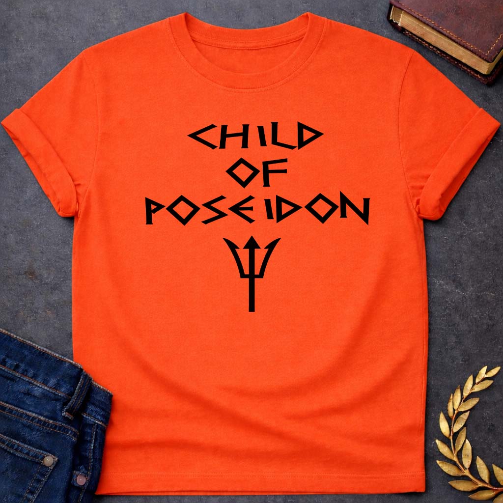 child of poseidon greek mythology unisex softstyle adult t shirt featuring trident, ocean waves, sea god symbolism in Greek mythology design