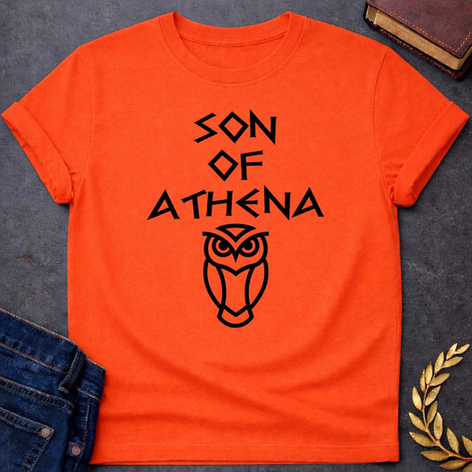 son of athena greek mythology unisex softstyle adult t shirt featuring owl, laurel wreath, wisdom symbolism in vintage Greek mythology design