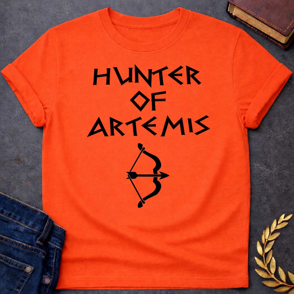 hunter of artemis unisex softstyle adult t shirt featuring detailed Greek mythology artwork, symbolic design, and bold graphic style