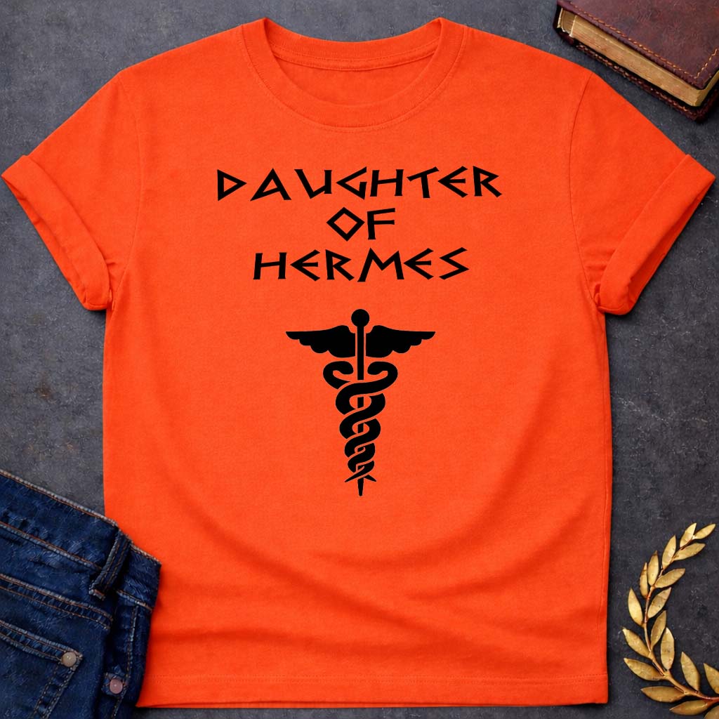 daughter of hermes unisex softstyle adult t shirt featuring detailed Greek mythology artwork, symbolic design, and bold graphic style
