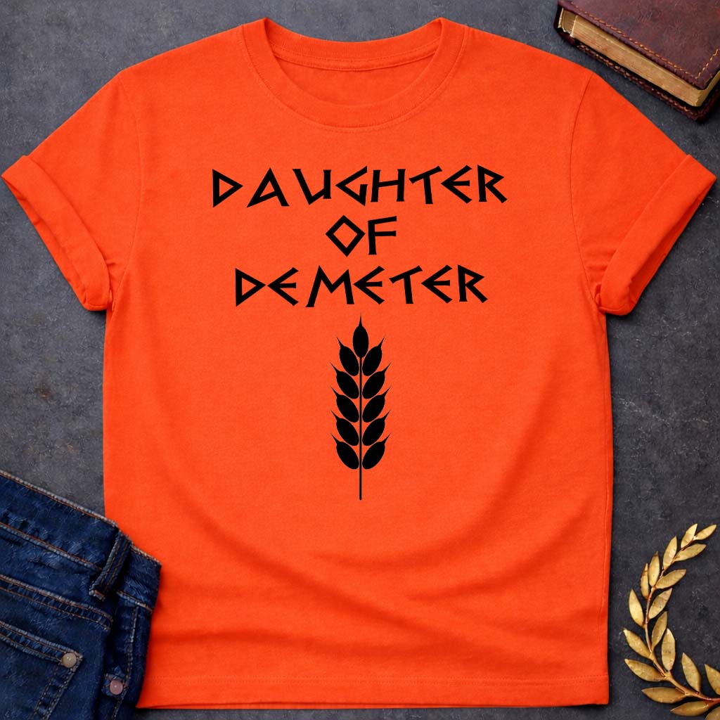 daughter of demeter unisex softstyle adult t shirt featuring detailed Greek mythology artwork, symbolic design, and bold graphic style