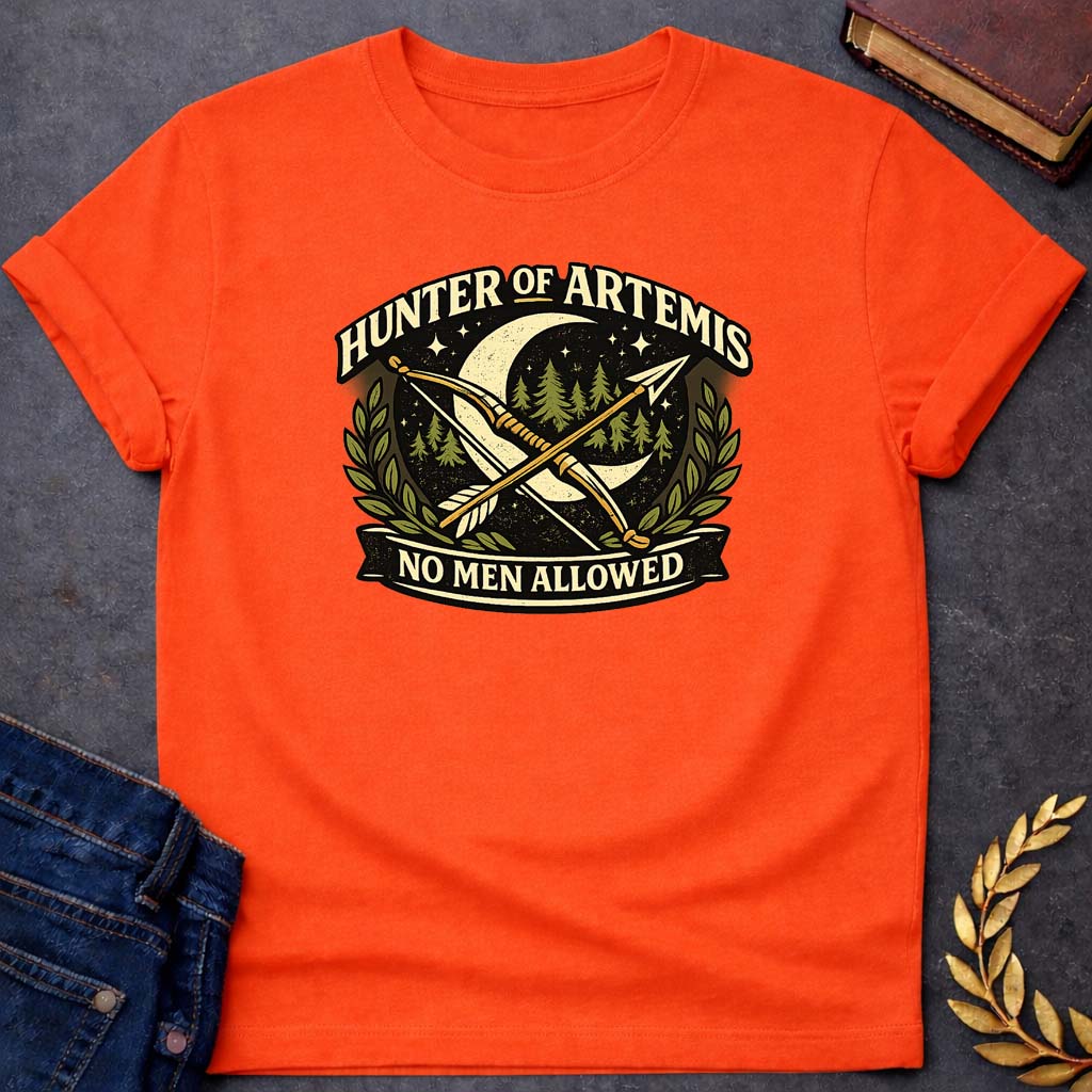 hunter of artemis no men allowed greek mythology adult t shirt featuring detailed Greek mythology artwork, symbolic design, and bold graphic style
