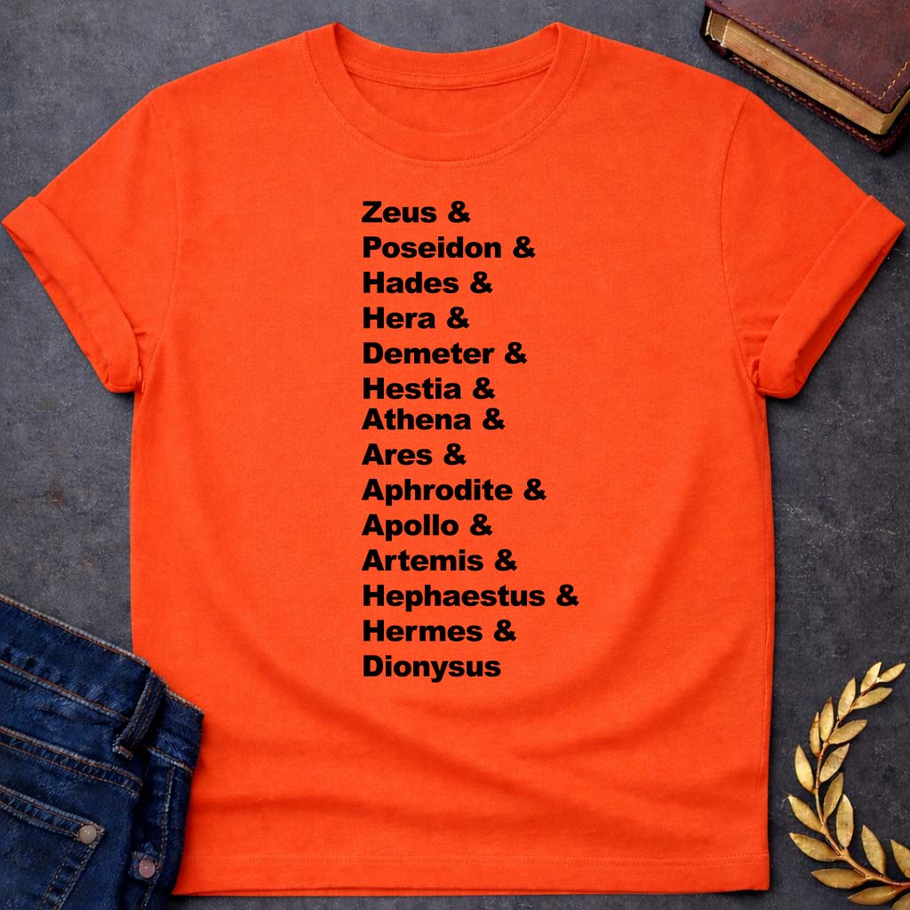 greek mythology god names unisex softstyle adult t shirt featuring detailed Greek mythology artwork, symbolic design, and bold graphic style