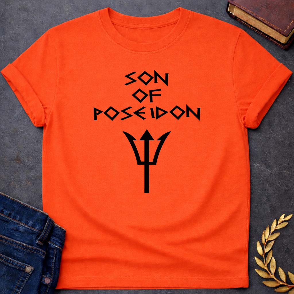 son of poseidon greek mythology unisex softstyle adult t shirt featuring trident, ocean waves, sea god symbolism in Greek mythology design