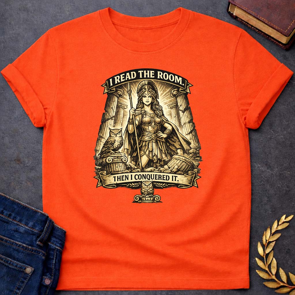 athena i read the room then i conquered it greek mythology youth t shirt featuring owl, laurel wreath, wisdom symbolism in vintage Greek mythology design