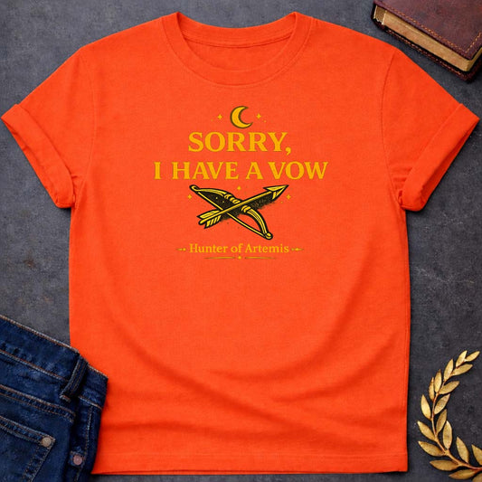artemis sorry i have a vow mythology adult t shirt featuring detailed Greek mythology artwork, symbolic design, and bold graphic style