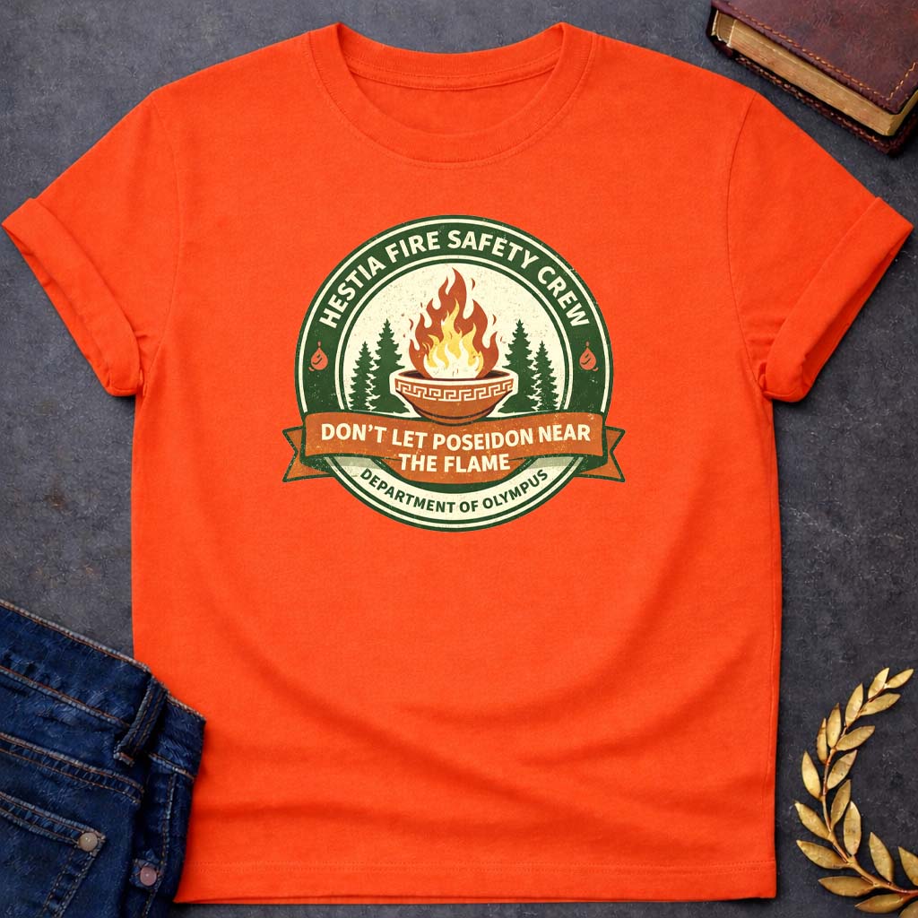 hestia fire safety crew greek mythology youth t shirt featuring detailed Greek mythology artwork, symbolic design, and bold graphic style