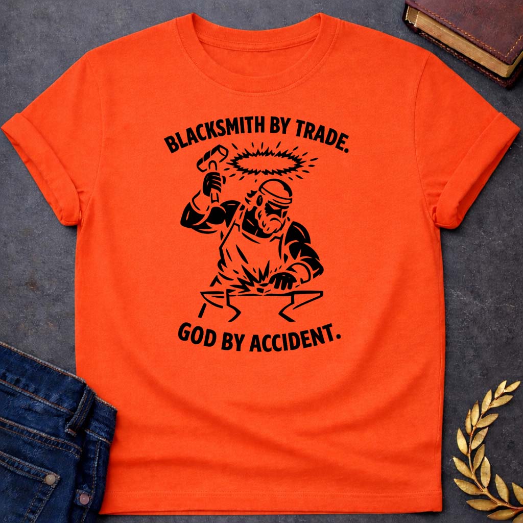 hephaestus blacksmith by trade god by accident greek mythology youth t shirt featuring blacksmith hammer, forge sparks, fire god symbolism in industrial mythology design