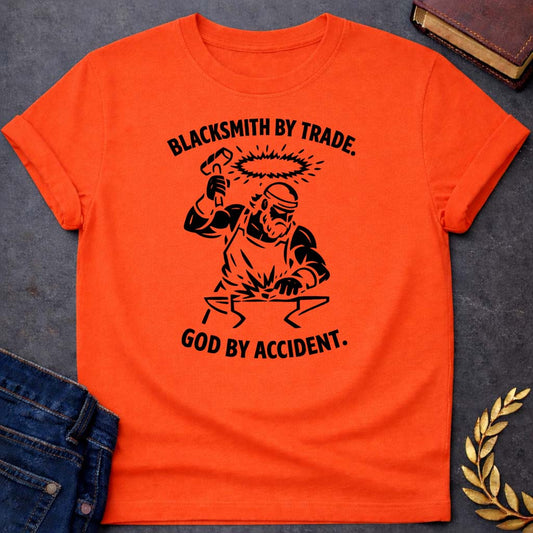 hephaestus blacksmith by trade god by accident greek mythology youth t shirt featuring blacksmith hammer, forge sparks, fire god symbolism in industrial mythology design