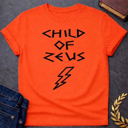 child of zeus greek mythology unisex softstyle adult t shirt featuring lightning bolt, sky god power symbolism in bold Greek mythology design