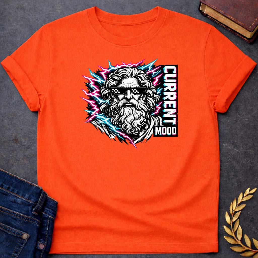 zeus current mood greek mythology youth t shirt featuring lightning bolt, sky god power symbolism in bold Greek mythology design