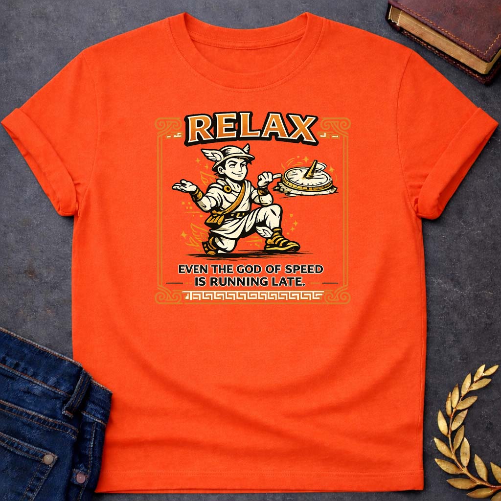 hermes relax even the god of speed is running late greek mythology youth t shirt featuring detailed Greek mythology artwork, symbolic design, and bold graphic style