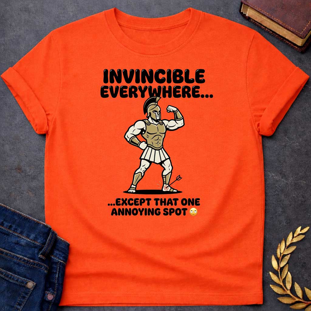 Orange T-Shirt with a humorous cartoon of a muscular Greek warrior in a bodybuilder pose, flexing his bicep. Wears gold Corinthian helmet, chest armor, white skirt, and greaves with exaggerated muscles. An arrow with target symbol has struck his heel. Text reads 'INVINCIBLE EVERYWHERE...' above and '...EXCEPT THAT ONE ANNOYING SPOT' with eye-roll emoji below. Comedic reference to Achilles' famous vulnerability—his heel was his only weak point. Cartoon style and modern slang create a lighthearted Greek myth 