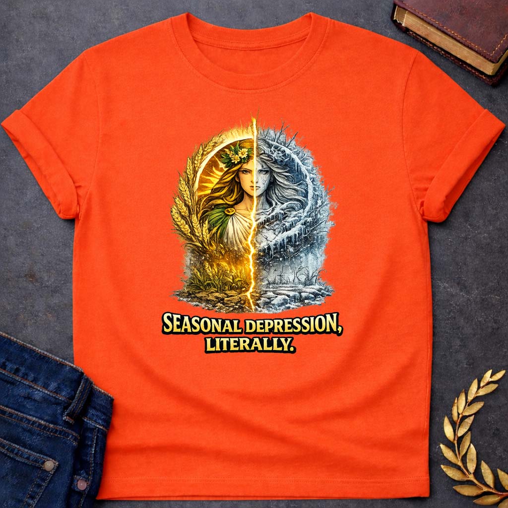 demeter seasonal depression greek mythology youth t shirt featuring detailed Greek mythology artwork, symbolic design, and bold graphic style