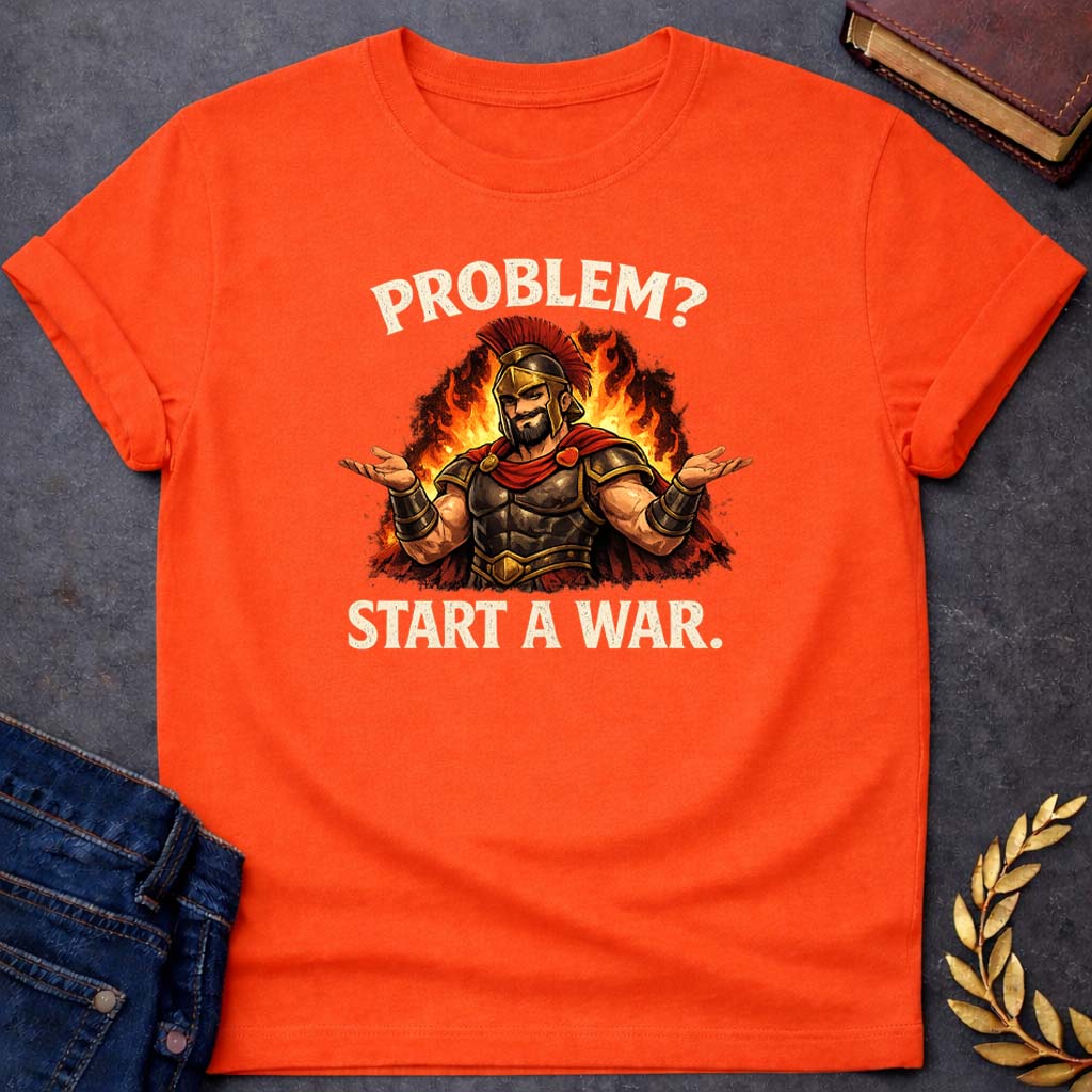 Ares Problem? Start a War Greek Mythology Youth T-Shirt featuring warrior armor, battle symbolism, god of war Greek mythology design