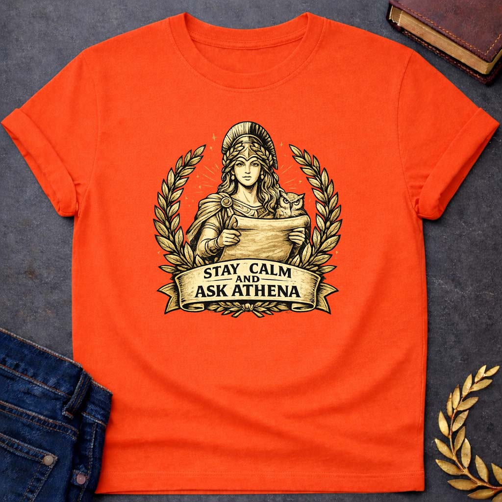 athena stay calm and ask athena greek mythology youth t shirt featuring owl, laurel wreath, wisdom symbolism in vintage Greek mythology design