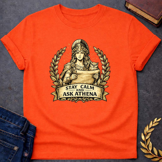 athena stay calm and ask athena greek mythology youth t shirt featuring owl, laurel wreath, wisdom symbolism in vintage Greek mythology design