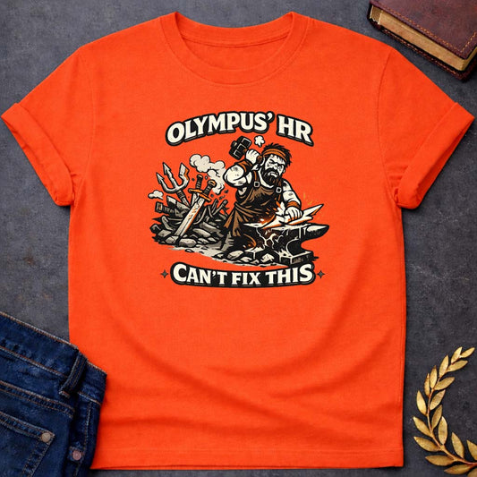 Hephaestus Olympus' HR Can't Fix This Greek Mythology Youth T-Shirt featuring blacksmith hammer, forge sparks, fire god symbolism in industrial mythology design