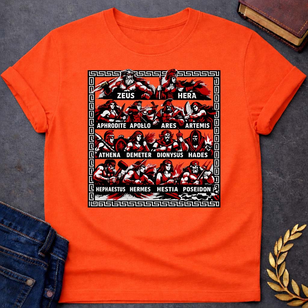 the olympian gods battle mode greek mythology adult t shirt featuring detailed Greek mythology artwork, symbolic design, and bold graphic style