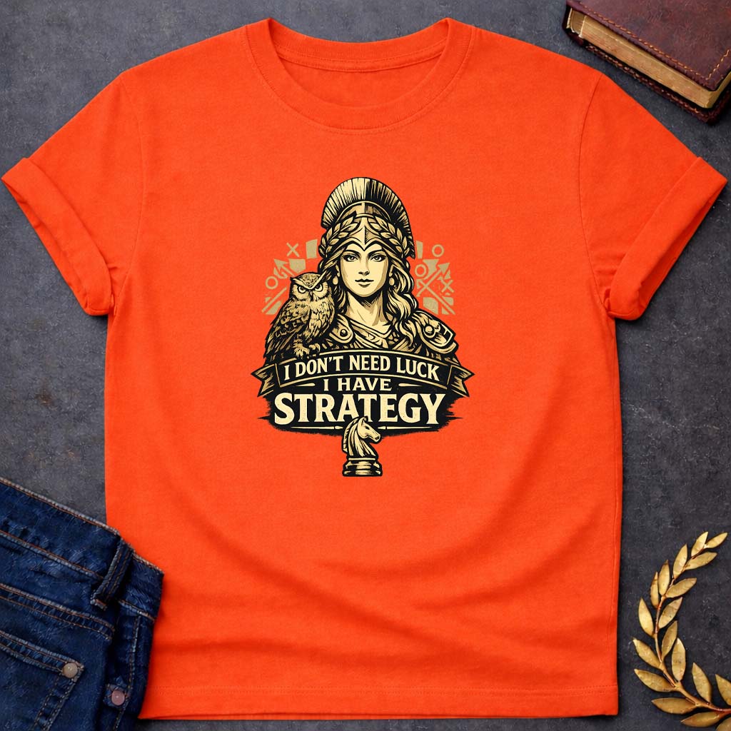 Athena I Don't Need Luck I Have Strategy Greek Mythology Youth T-Shirt featuring owl, laurel wreath, wisdom symbolism in vintage Greek mythology design