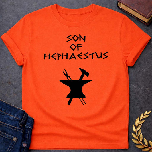 son of hephaestus greek mythology unisex softstyle adult t shirt featuring blacksmith hammer, forge sparks, fire god symbolism in industrial mythology design