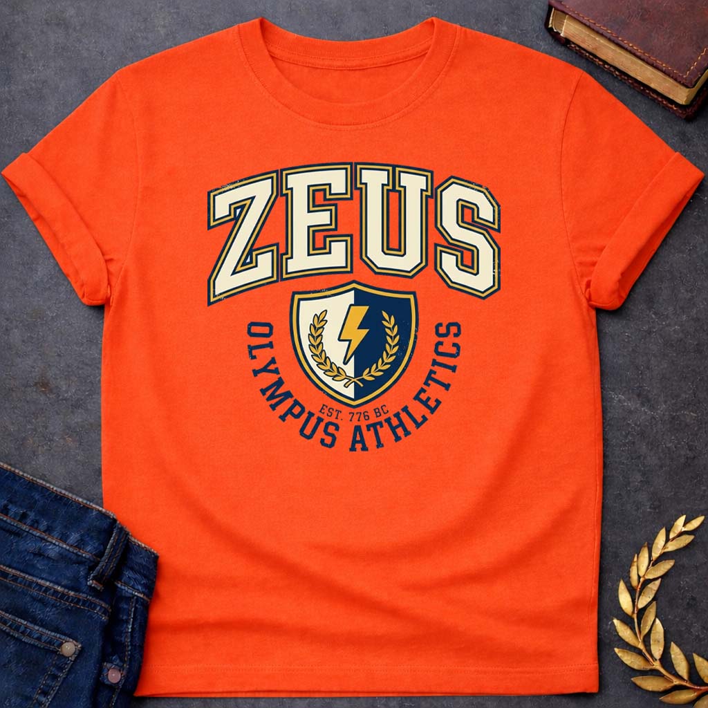 zeus olympus athletics greek mythology youth t shirt featuring lightning bolt, sky god power symbolism in bold Greek mythology design
